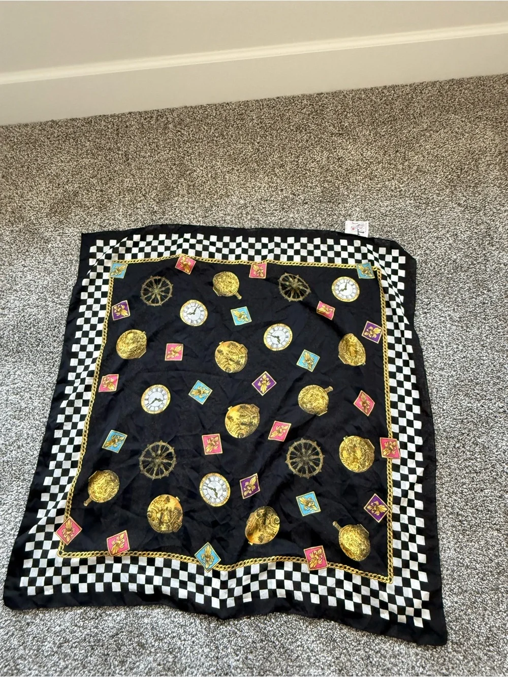 Black Decorative Silk-Feel Headscarf with Checkerboard Trim